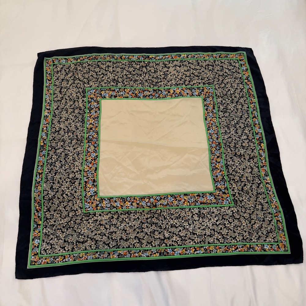 Golden Camel Vintage 100% Silk Scarf Floral Border Hand Rolled Navy Cream 30x30